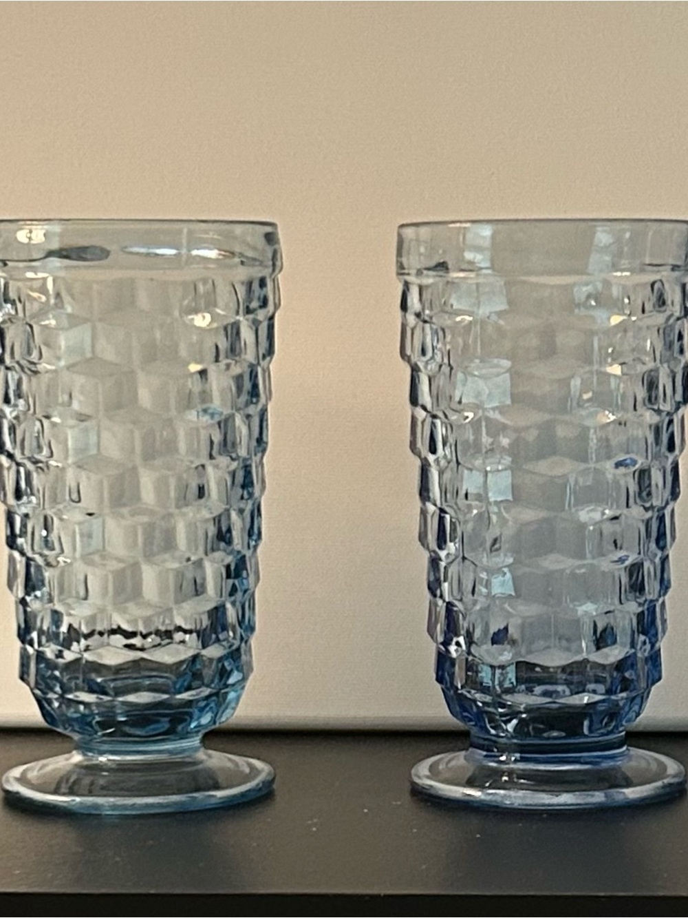 Set of 4 vintage blue WhieHall glass textured footed drinking glasses